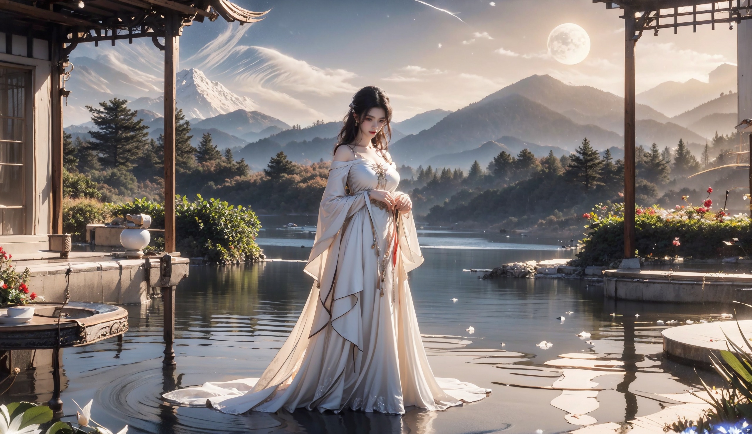  best quality, masterpiece,cowboy_shot,(Good structure),,a girl,xianjing,Off-the-shoulder, bust photo The background is distant mountains, rivers, and streams.Wearing revealing clothes. a girl,exposed, naked,blalinkedress,full body,looking_at_viewer,indoors, NSFW,nipple exposed, ((poakl)), Add details