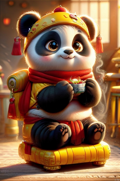 C4D,3d style,UIAIP, a lovely panda :1.5, wearing Chinese red clothes, sitting on a stool eating dumplings :1.4, the background is a warm room, the overall decoration is made of Chinese elements
