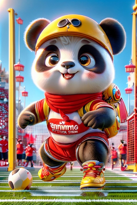 C4D,3d style,UIAIP, a cute panda :1.5, wearing sportswear, background football field, action is kicking a ball :1.4,The clothes have Chinese elements