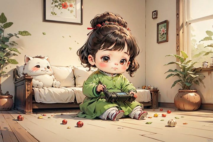  Realistic style, a chubby little girl sitting on the sofa playing XBOX, surrounded by human home decor, cute and silly looking at the camera, full of energy and happiness