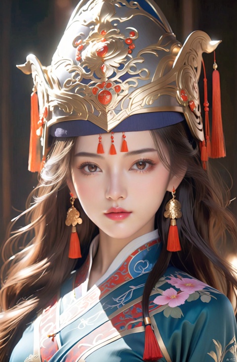 Best quality,masterpiece,16K,realistic,cinematic image quality,realistic,1girl,Chinese Yi ethnic clothing,Silver metal headwear,brown eyes,earrings,hat,jewelry,Yi ethnic metal jewelry,A huge metal hat,Headwear metal tassels,Silver metal hat,lace,lace trim,lips,long hair,looking at viewer,parted lips,solo,upper body, glow