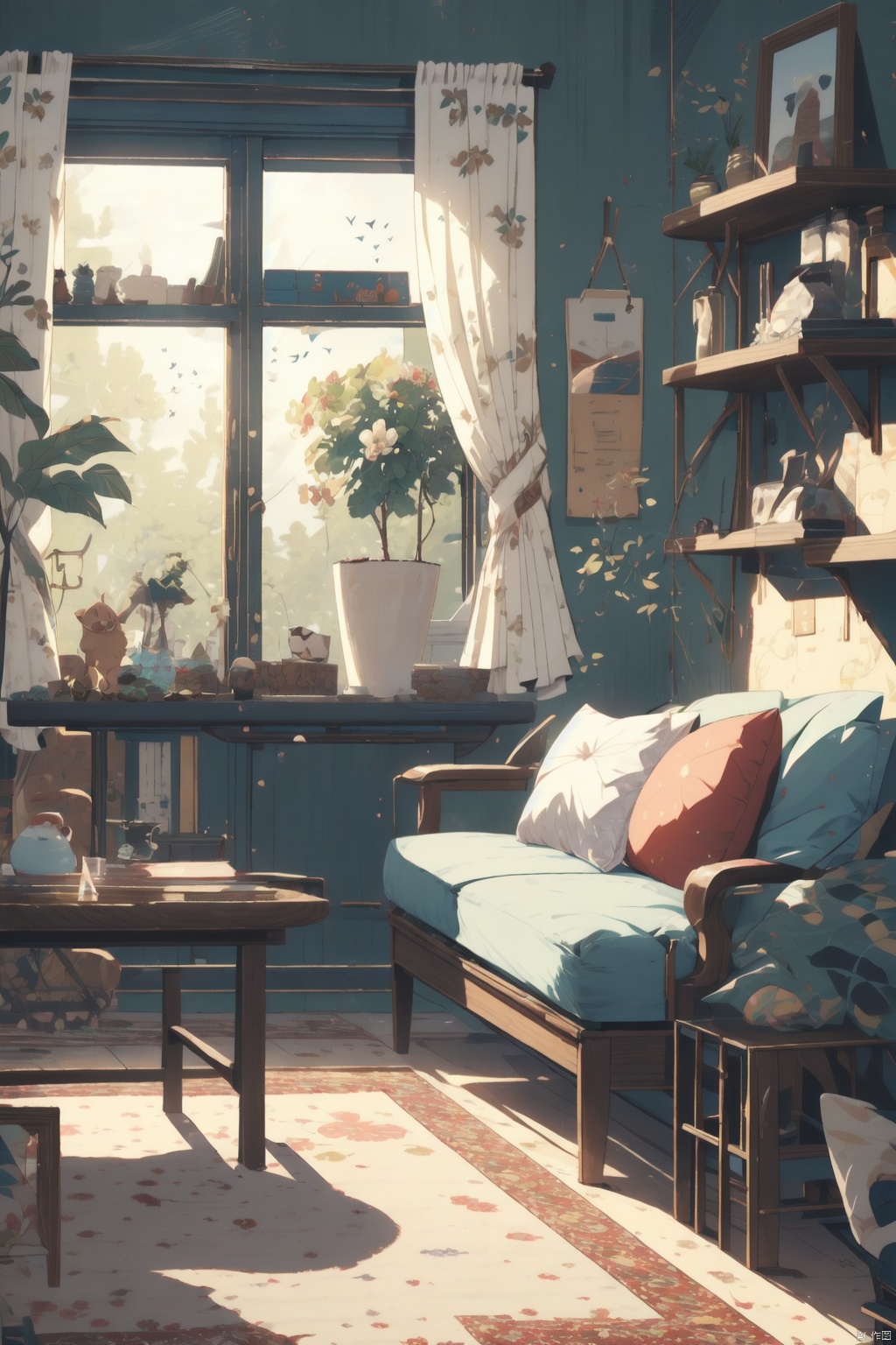  Masterpieces, Panoramic, A Teenage Girl, Solo Focus, Long Hair, Off-the-Shoulder Dress, Casual Wear, Sitting on the Sofa, Sitting on the Floor, Exquisite Living Room, Deep Scene, Picture Frame on the Wall, Curtains, Modern Minimalist Sofa, Plush Toys, (Carpet)) On the Floor, Beautiful Flowers Around Her, Summer, Cozy Animation Scene, Cozy Anime, Fish **** in the Middle of the Table, Randomly Placed Books, Playing the Piano, Holding a Plush Toy, Drinking Tea, Light Green Theme, Kitten, Puppy, TT