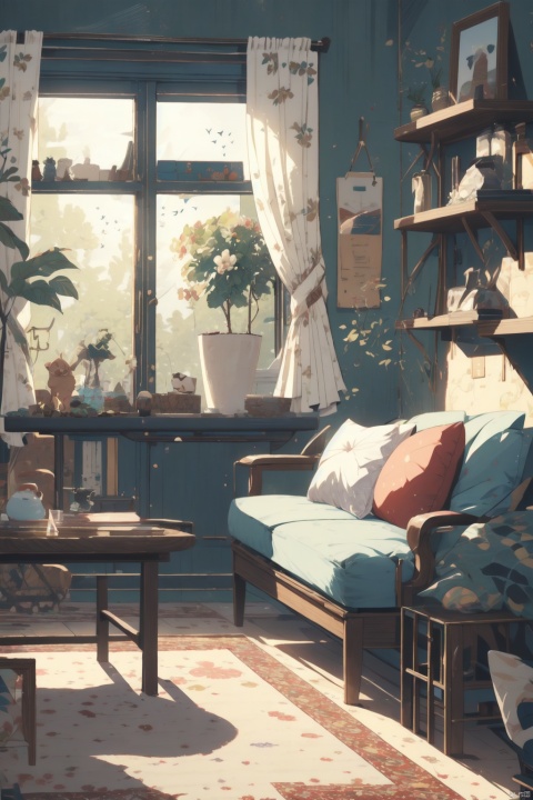  Masterpieces, Panoramic, A Teenage Girl, Solo Focus, Long Hair, Off-the-Shoulder Dress, Casual Wear, Sitting on the Sofa, Sitting on the Floor, Exquisite Living Room, Deep Scene, Picture Frame on the Wall, Curtains, Modern Minimalist Sofa, Plush Toys, (Carpet)) On the Floor, Beautiful Flowers Around Her, Summer, Cozy Animation Scene, Cozy Anime, Fish Tank in the Middle of the Table, Randomly Placed Books, Playing the Piano, Holding a Plush Toy, Drinking Tea, Light Green Theme, Kitten, Puppy, TT