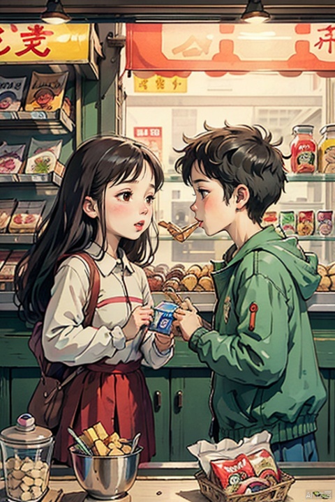  Charming illustration of high school students, Chinese high schoolers buy snacks at a roadside snack shop. There are plenty of snacks displayed in the shop window, and all they need to do is to find them on their faces and share with each other.