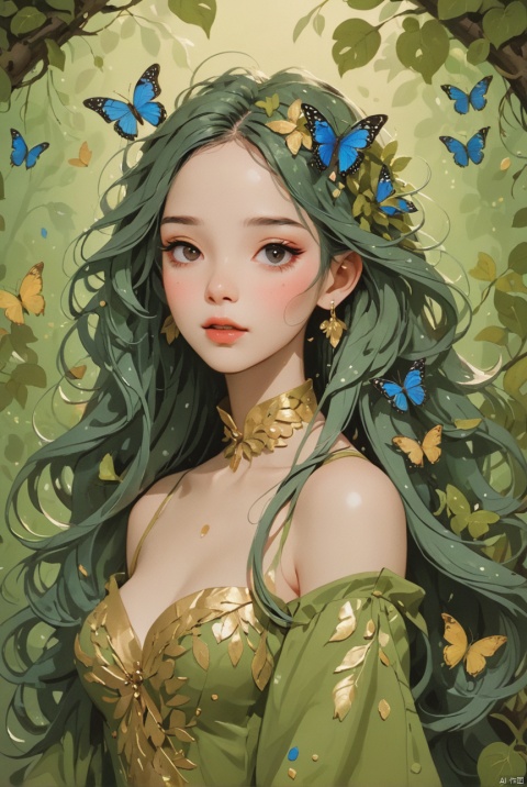  splash art, digital painting, alcohol ink painting, luminism, golden lines, BjD doll face, porcelain skin, baroque, long swirling green hair, lavish green leaves, falling blue flowers, celestial lighting, butterflies, tree branches, sky, golden glowing, water drops,

best quality, masterpiece, high res, absurd res,
perfect lighting, vibrant colors, intricate details,
high detailed skin, pale skin,
, (\ji jian\)