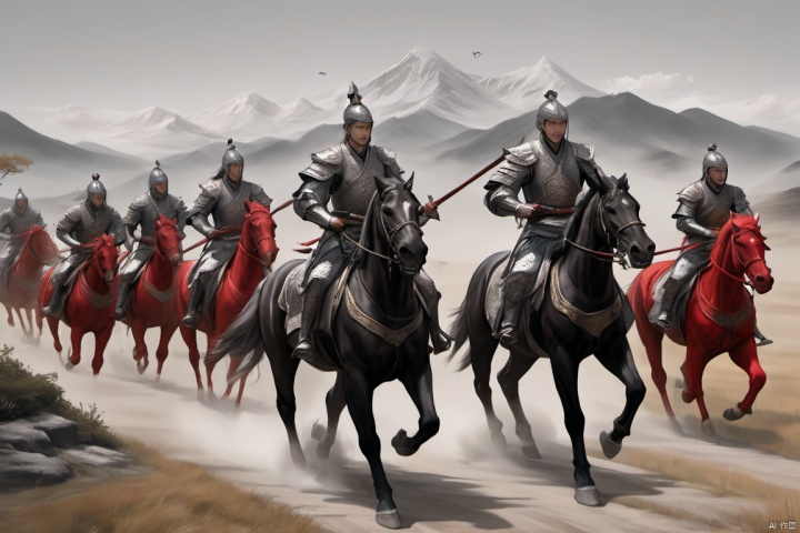  chinese waterink,monochrome,many chinese knights ridding on horses,running on battlefield with red fire and blood, grassland and mountain background,hyperrealism,ultra high res,4K,Best quality,masterpiece,ananmo,qinglv