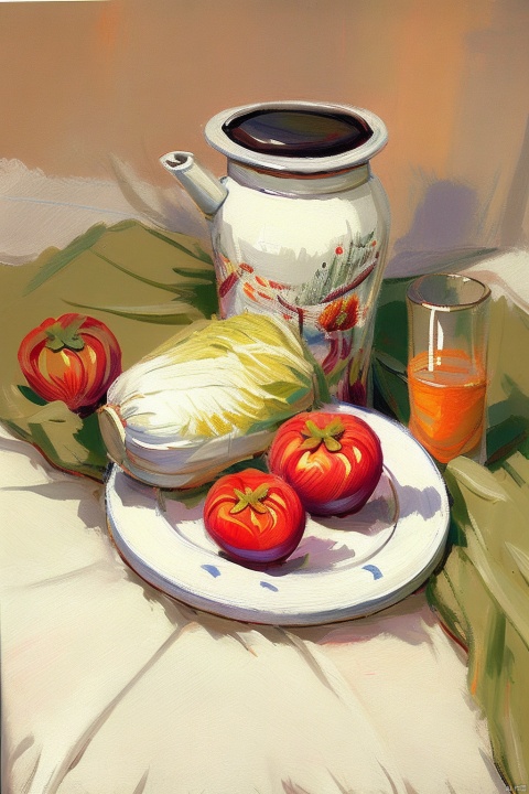  still life watercolor,masterpiece,best quality,white clay pot,1 tall glass,plate,orange_juice,Chinese cabbage,patatata,tomato,fragarach_(fate),,green blanket,
