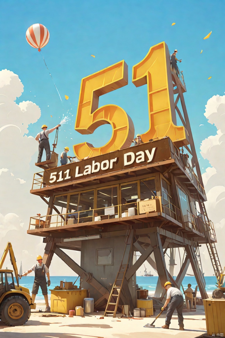  51 Labor Day holiday poster with a large artistic font of "51 Labor Day" in the middle of the seaside, metal font, full of industrial atmosphere. Workers holding tools are working around this artistic font. The details of the workers are creative, designed by famous graphic designers, master level, masterpiece, minimalist style, international design level, and award-winning works ,51, 51