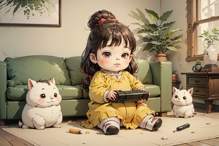  Realistic style, a chubby little girl sitting on the sofa playing XBOX, surrounded by human home decor, cute and silly looking at the camera, full of energy and happiness