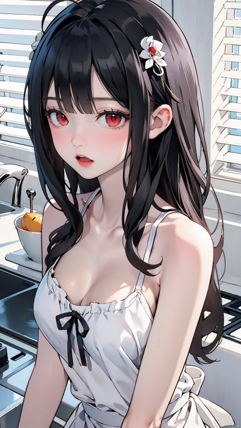 1girl, solo, long hair, breasts, looking at viewer, open mouth, black hair, hair ornament, red eyes, bare shoulders, medium breasts, collarbone, upper body, ahoge, indoors, white kitchen, camisole, blinds
white, Gourd hair accessories,
Chinese knot hair accessories,
white Apron, BFShirt, hanasakichu, 1 girl, jingling