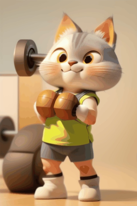 The cat model stood next to the fitness equipment, dressed in a sports vest and shorts. It raises its small PAWS to imitate the human fitness movements, and the small face is full of seriousness. Beside the dumbbell hung a small sign with the inspirational motto "Persistence is victory."