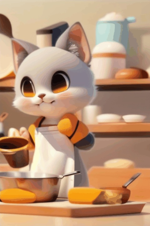 The cat model around the small apron, busy in the kitchen. Its small PAWS hold a spatula and stir-fry the ingredients in the pan. Nearby seasoning bottles and cooking utensils are neatly placed, showing its care and organization. The cat model's face is full of focus, as if she were creating a delicious dish.