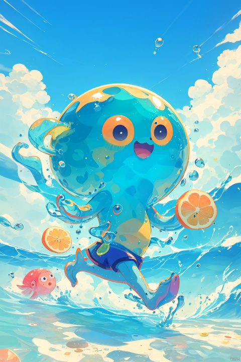 A vibrant aquatic creature, cute, running, lemon, coconut, sea water