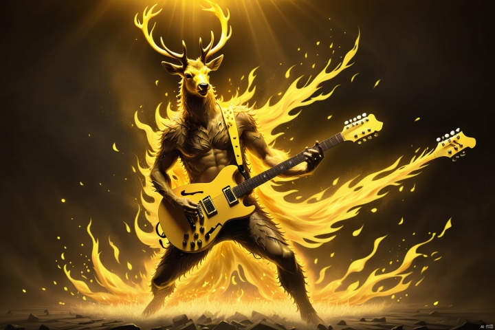 A guitar with a torrent of yellow light that blazes like a firestorm and a stag running through the flames with unwavering determination