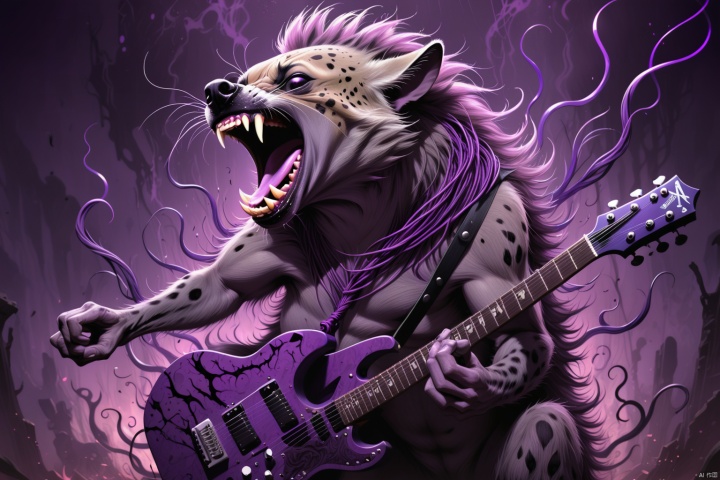 A guitar with a torrent of purple plasma streaming from it in wild tendrils and a hyena cackling with a manic laugh.