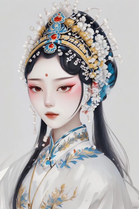  guofenghd ,1girl,close-up,costume,peking opera costumes,dramatic headwear,elegant temperament,exquisite facial features,exquisite makeup,large area blank space,simple background,dreamlike,minimalism,colored lead,traditional chinese realistic painting,ray tracing,16k,HD,highres,great work,masterpiece,extreme detail,