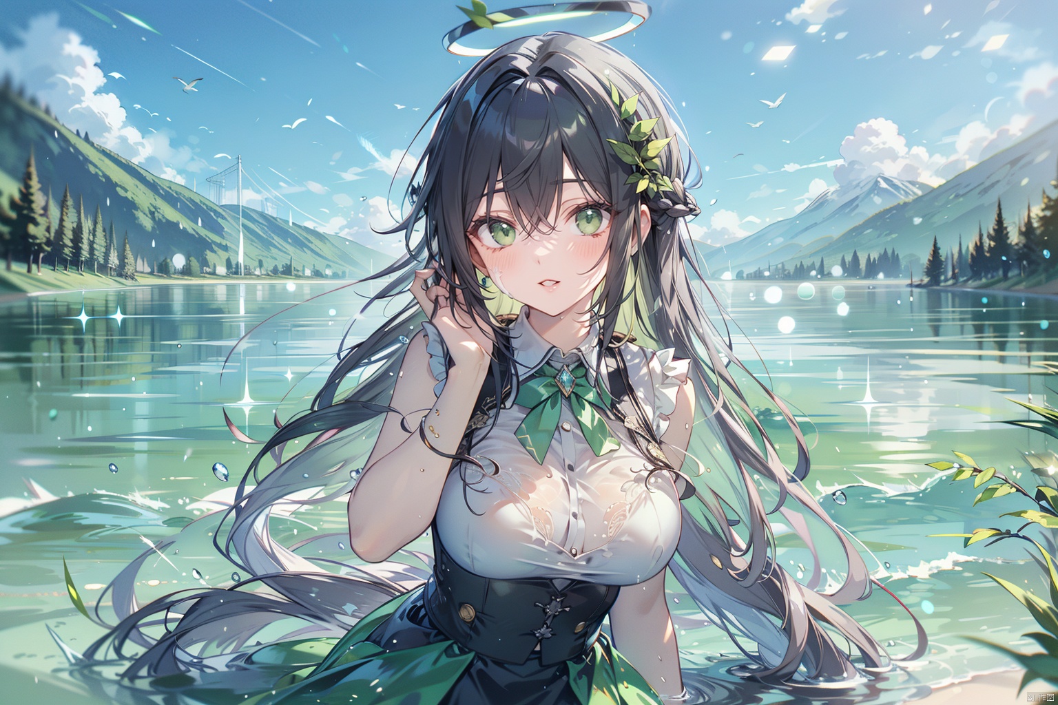  masterpiece, best quality, In the lake, absurdres, long hair, large breasts,green gauze skirt,embarrassed ,the Tyndall effect,Halo