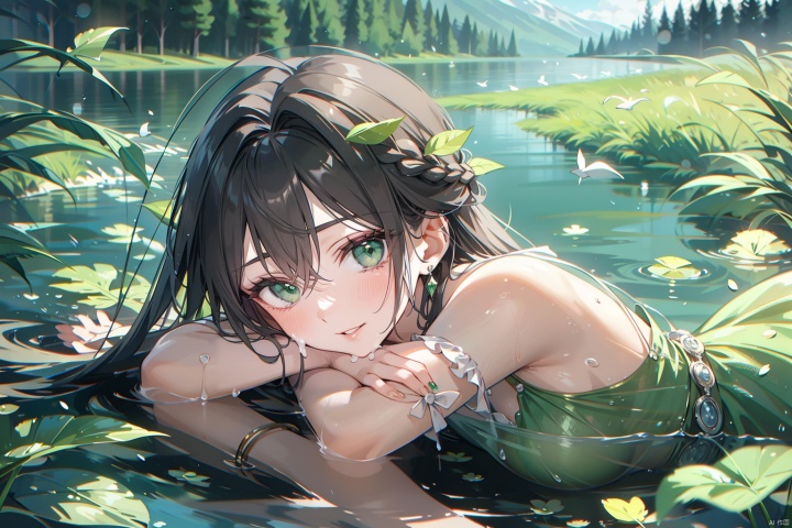  masterpiece, best quality, In the lake, absurdres, very long hair, Lying in the water,Green gauze dress，embarrassed ,Leaves falling