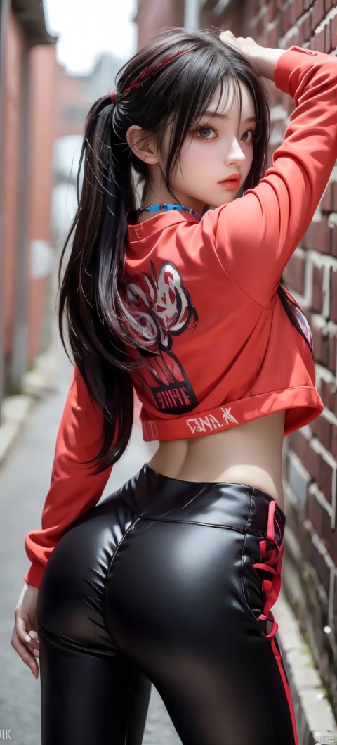 best quality, intricate details, chromatic aberration, cameltoe,  cameltoe as ohmyfrick_yogapuss, from behind,

1girl, long hair, black hair, messy hair, red highlights, hair over one eye, red eyes, sharp eyes, 

choker, neon shirt, torn legwear, open jacket, yoga pants, tight leggings, 

brick wall, graffiti, dim lighting, alley