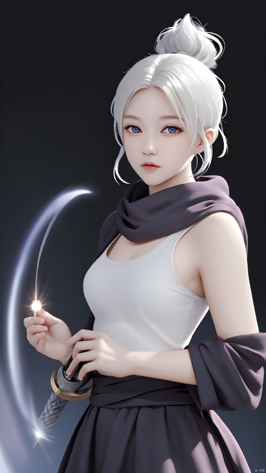  upper body, 1girl, white hair, ponytail, purple eyes, (ninja), short sword, medium breats ,scarf, wallpaper, magic circle background, light particles, blue fire,