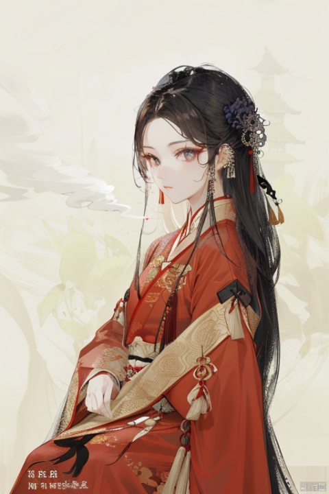  seductive eyes, Ink scattering_Chinese style, shuimobysim,wuchangshuo, xianjing hanfu crane,cloud smoke, smwuxia Chinese text blood weapon:sw(best quality), ((masterpiece)), (highres), original, extremely detailed 8K wallpaper, 1girl, hanfu , hair ornament , chinese clothes,yjmonochrome