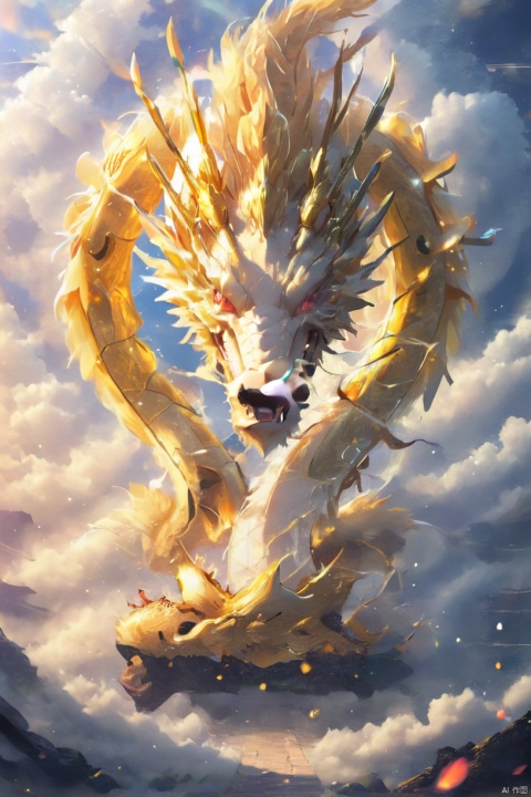  The golden dragon is flying in the sky, the golden light is shining, and the  with clouds are floating around