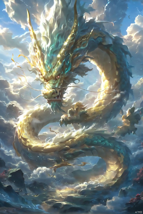  The golden dragon is flying in the sky, the golden light is shining, and the with clouds are floating around