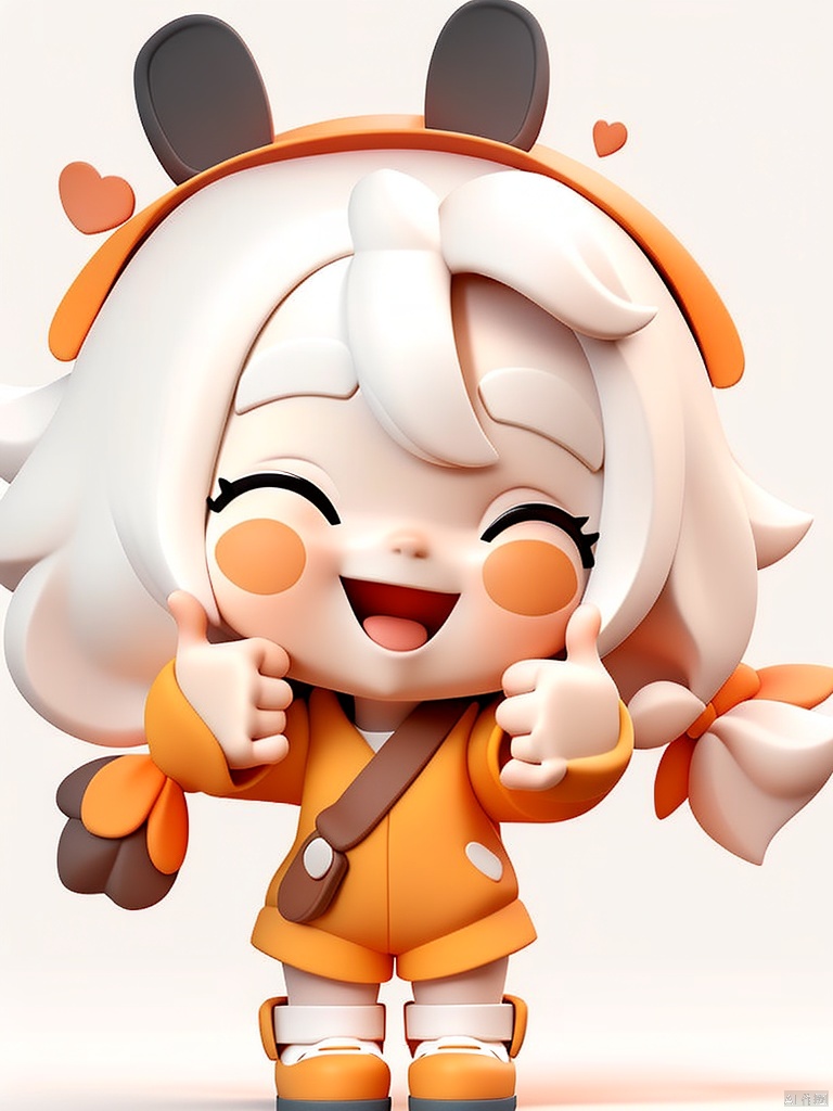 1girl, solo, smile, 3D,C4D,open mouth, bangs, simple background, white background, animal ears, full body, white hair, one eye closed, orange clothes, blunt bangs, cosplay, blush stickers, ;d, helmet, thumbs up, orange footwear