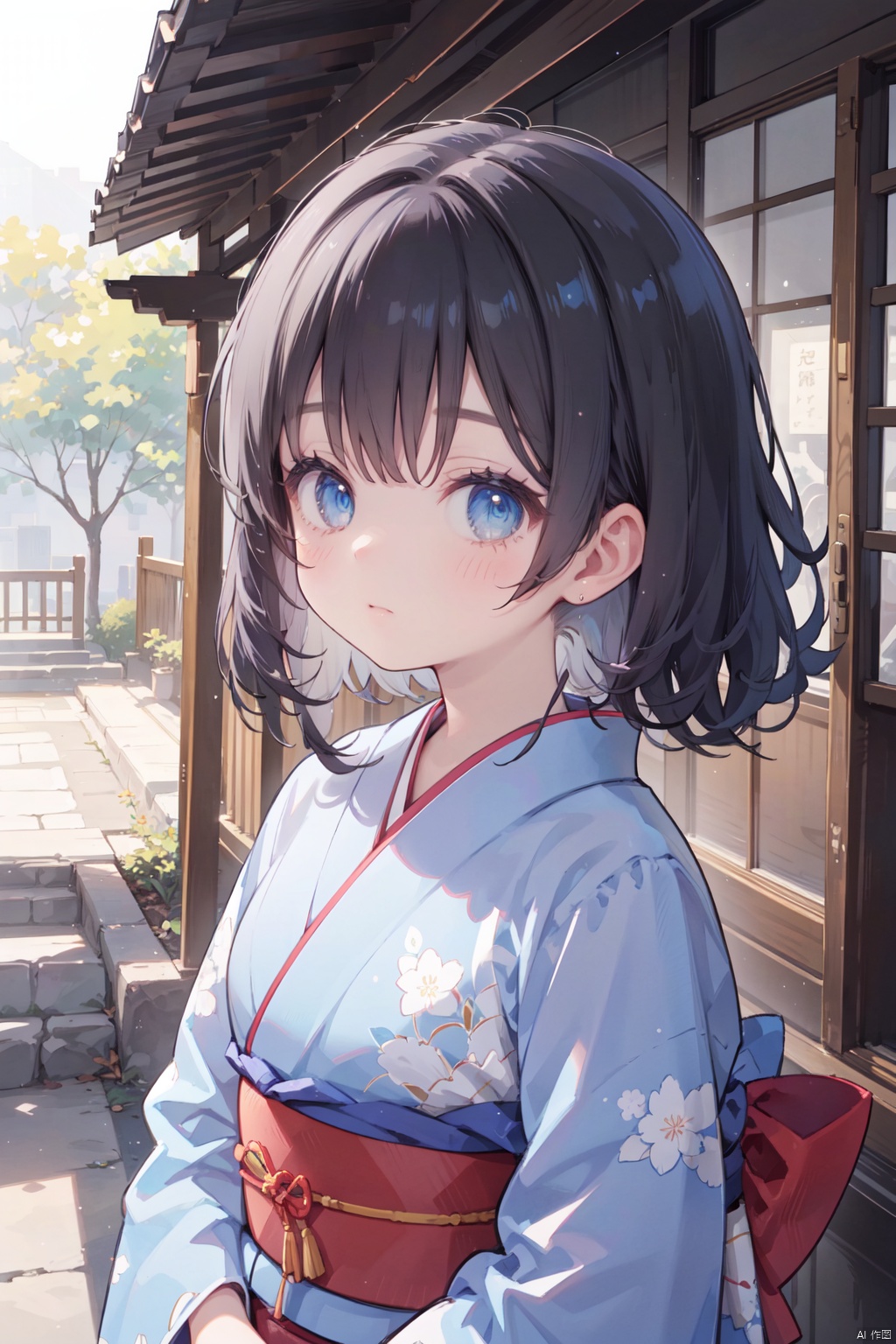 masterpiece, best quality, ultra-detailed, extremely detailed, 8K, ((clearly drawn face)),((beautiful detailed eyes, super detailed skin)), 1girl,solo,japanese clothes, kimono, outdoors, Edo,standing,looking at viewer, checkered clothes, sash, blue kimono, black hair,