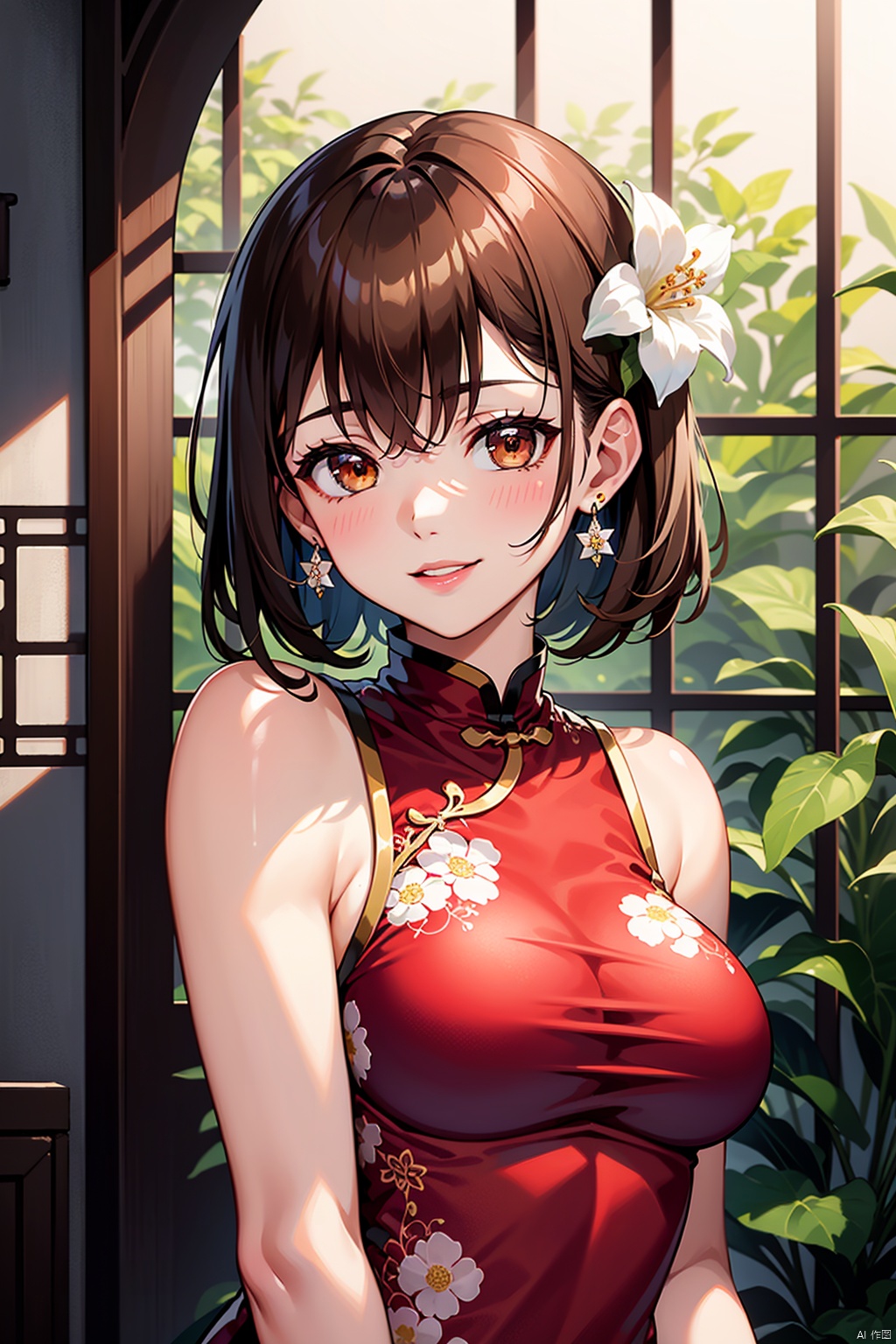 1girl, solo, breasts, looking at viewer, smile, bangs, brown hair, hair ornament, dress, bare shoulders, brown eyes, jewelry, medium breasts, upper body, flower, earrings, parted lips, sleeveless, hair flower, lips, sleeveless dress, chinese clothes, floral print, red dress, white flower, china dress

