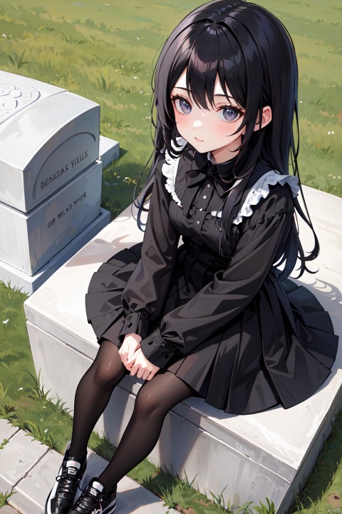 Goth girl sitting on the grave, view from above,black hair, black gothic dress, black tights, sneakers