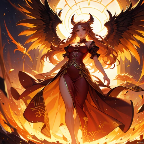 vibrant color anime illustration, a luxurious red dress worn by a woman, her dress flowing to the floor, highlighting her beauty and opulence, her hair long and flowing like waves, standing at an important moment, with a giant firebird, possibly a phoenix, in the background, its wings emitting light and flames that brighten the entire image, conveying a mystical and powerful energy, (\shen ming shao nv\),wings
