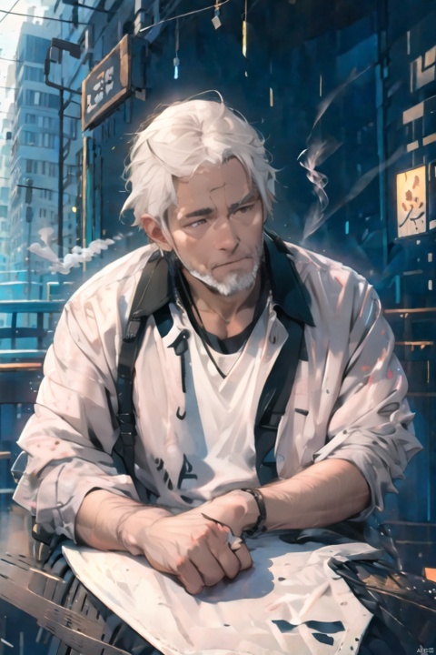 masterpiece, best quality, Old man, mature, with scar on face, brown eyes, beard, white hair, wrinkles, smoking, thinking, brown windbreaker, bowler hat, hand-held brim, tall, tired, sitting,hair scrunchie, , mature male, 1boy