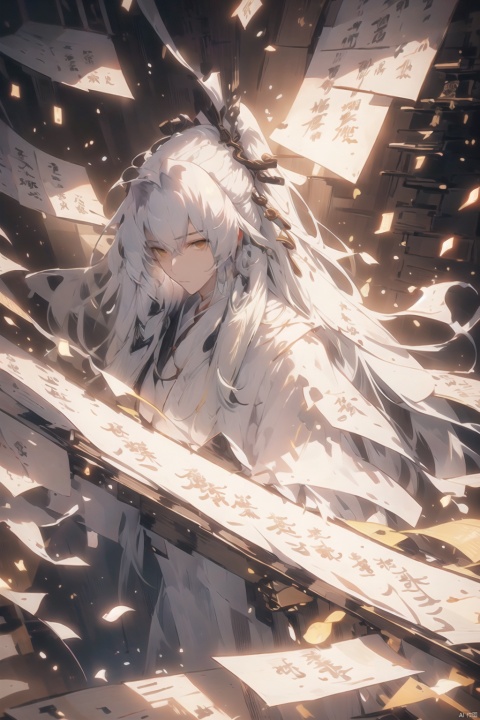 long hair, white hair, straight hair, hair pulled back, parted bangs, yellow eyes, glowing eyes, artbook, dusk, sunset, in the ocean, masterpiece, best quality, arms behind head, light smile, male, boy, robe, , danjue, Hermes, (\shen ming shao nv\), girl, midjourney portrait, Daofa Rune,Flowing scroll