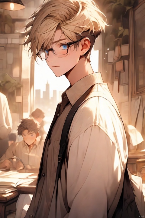  School uniform, teenager, handsome, listless, in the study,masterpiece, best quality, day, cityscape, beautiful detailed sky, boy, little boy, mature, short hair, blonde hair, disheveled hair, asymmetrical bangs, looking to the side , blue eyes, glasses, holding book, , , cacao, 372089