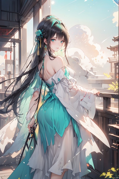  masterpiece, best quality, aqua eyes, stare, blunt bangs, long hair, moon, sky, longeyelashes, beautiful detailed eyes, light smile, looking back, girl, female, black hair, straight hair, white hairband, hair censor, qingyi, , Gauze Skirt, Ink scattering_Chinese style, qingsha, smwuxia Chinese text blood weapon:sw, gf-hd, guoflinke, xihuabeauty,strapless , 