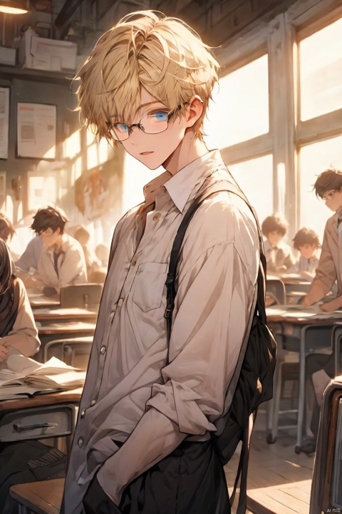  School uniform, teenager, handsome, listless, in the study,masterpiece, best quality, day, cityscape, beautiful detailed sky, boy, little boy, mature, short hair, blonde hair, disheveled hair, asymmetrical bangs, looking to the side , blue eyes, glasses, holding book, , niji3, FF, (\ji jian\), , cacao, colors