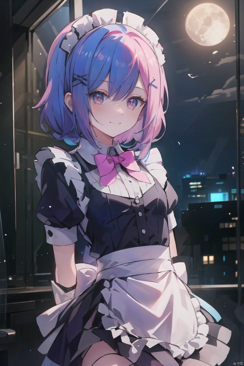 masterpiece, best quality, girl, maid, light blue hair, ahoge, diagonal bangs, snake hair ornament, pink hairband, medium hair, slit pupils , blush, shy, arms behind back , bowtie, maid_headdress, white thighhighs, small breasts, night, full_moon, the top of the hill, light smile, 