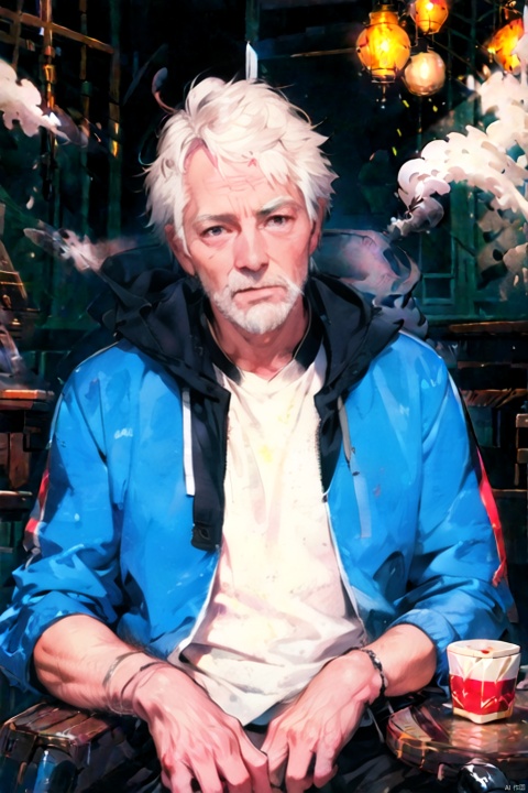 Old man, mature, with scar on face, brown eyes, beard, white hair, wrinkles, smoking, thinking, brown windbreaker, bowler hat, hand-held brim, tall, tired, sitting,hair scrunchie, , mature male, 1boy