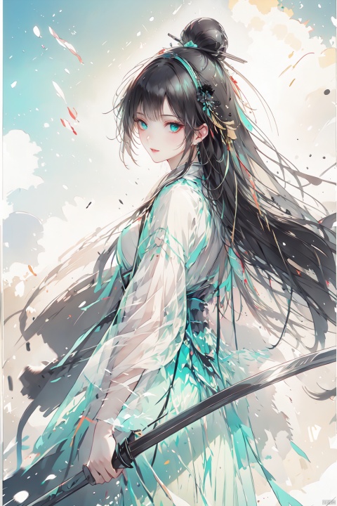  masterpiece, best quality, aqua eyes, stare, blunt bangs, long hair, moon, sky, longeyelashes, beautiful detailed eyes, light smile, looking back, girl, female, black hair, straight hair, white hairband, hair censor, qingyi, , Gauze Skirt, Ink scattering_Chinese style, qingsha, smwuxia Chinese text blood weapon:sw