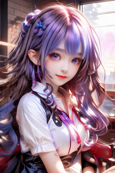 masterpiece, best quality, artbook, hair over shoulder, light purple hair, heterochromia , pointy ears, fangs, seductive smile, purple eyeshadow, brown eyes, black kneehighs, uwabaki, arms_crossed, crossed_legs, seifuku, straight hair, blunt bangs, hairpin, dusk, sunset, , seductive eyes