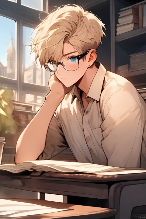 School uniform, teenager, handsome, listless, in the study,masterpiece, best quality, day, cityscape, beautiful detailed sky, boy, little boy, mature, short hair, blonde hair, disheveled hair, asymmetrical bangs, looking to the side , blue eyes, glasses, holding book, , niji3, FF