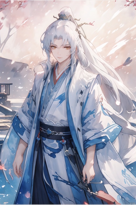 long hair, white hair, straight hair, hair pulled back, parted bangs, yellow eyes, glowing eyes, artbook, dusk, sunset, in the ocean, masterpiece, best quality, arms behind head, light smile, male, boy, robe, , danjue, Hermes, (\shen ming shao nv\), girl, midjourney portrait, Daofa Rune,Flowing scroll, watercolor senery, Chinese style, wanglin