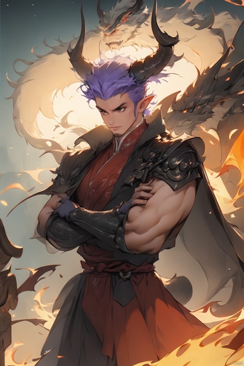  masterpiece, best quality, masterpiece,best quality,official art,extremely detailed CG unity 8k wallpaper, devil, boy, male, mature, short hair, purple hair, spiked hair, hair in takes, forehead, red eyes, glowing eyes, demon horns, serious, arms_crossed, bearded, strong, muscular, red and black armor, cloak, tall figure, LianmoNan, mature male, houtufeng, midjourney portrait, pointy ears, 