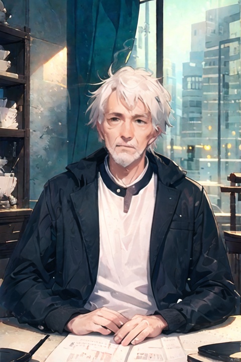 masterpiece, best quality, Old man, mature, with scar on face, brown eyes, beard, white hair, wrinkles, smoking, thinking, brown windbreaker, bowler hat, hand-held brim, tall, tired, sitting,hair scrunchie, , mature male, 1boy,chinese clothes