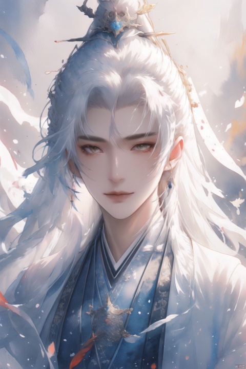 long hair, white hair, straight hair, hair pulled back, parted bangs, yellow eyes, glowing eyes, artbook, dusk, sunset, in the ocean, masterpiece, best quality, arms behind head, light smile, male, boy, robe, , danjue, Hermes, (\shen ming shao nv\), girl, midjourney portrait, Daofa Rune,Flowing scroll, watercolor senery