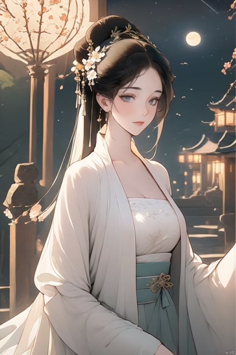 masterpiece, best quality, masterpiece,best quality,official art,extremely detailed CG unity 8k wallpaper, night, moon, the top of the hill, girl, female, black eyes, very long hair, black hair, straight hair, parted bangs, hair bun, white hairband, longeyelashes, closed eyes, eyes closed, artbook, front, playing flute, white clothes, ancient costume, 