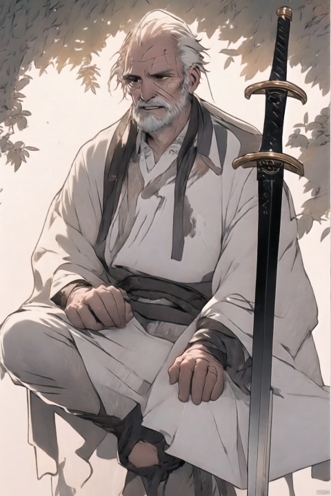  masterpiece, best quality, Old man, mature, with scar on face, brown eyes, beard, white hair, wrinkles,  thinking, brown windbreaker, bowler hat, hand-held brim, tall, tired, sitting,hair scrunchie, , mature male, 1boy,chinese clothes,body back long sword