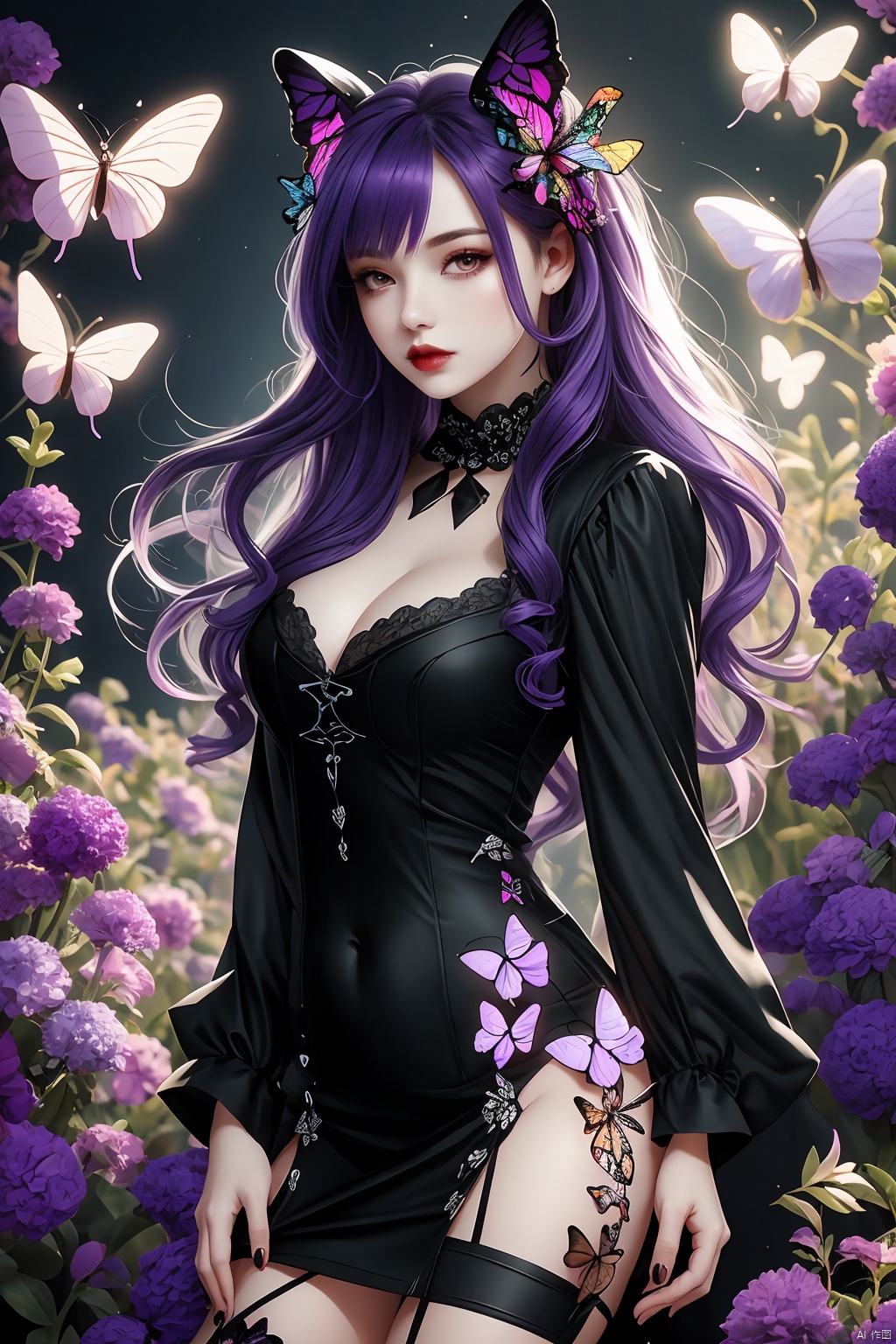 Girl, full body, purple hair, lips, gothic style, butterfly hairpin, butterfly, purple flower background, plenty of details, ultra high definition,