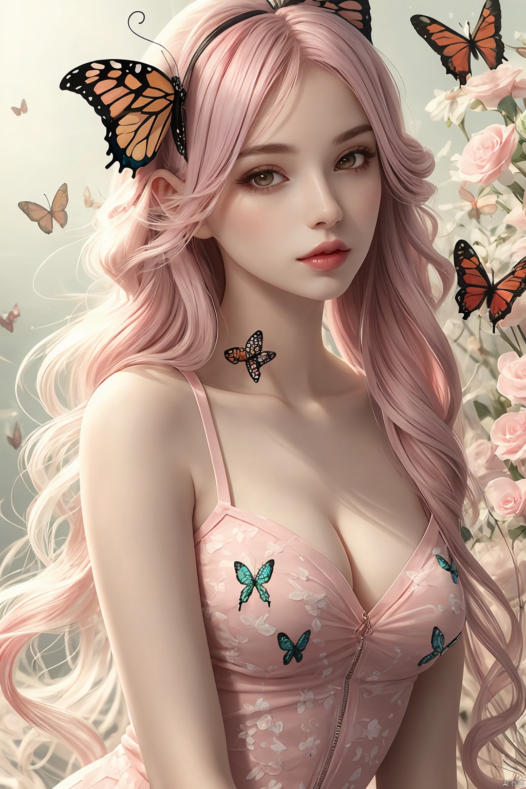 Girl, half body, pink hair, lips, butterfly hairpin, floral background, plenty of details, ultra high definition,